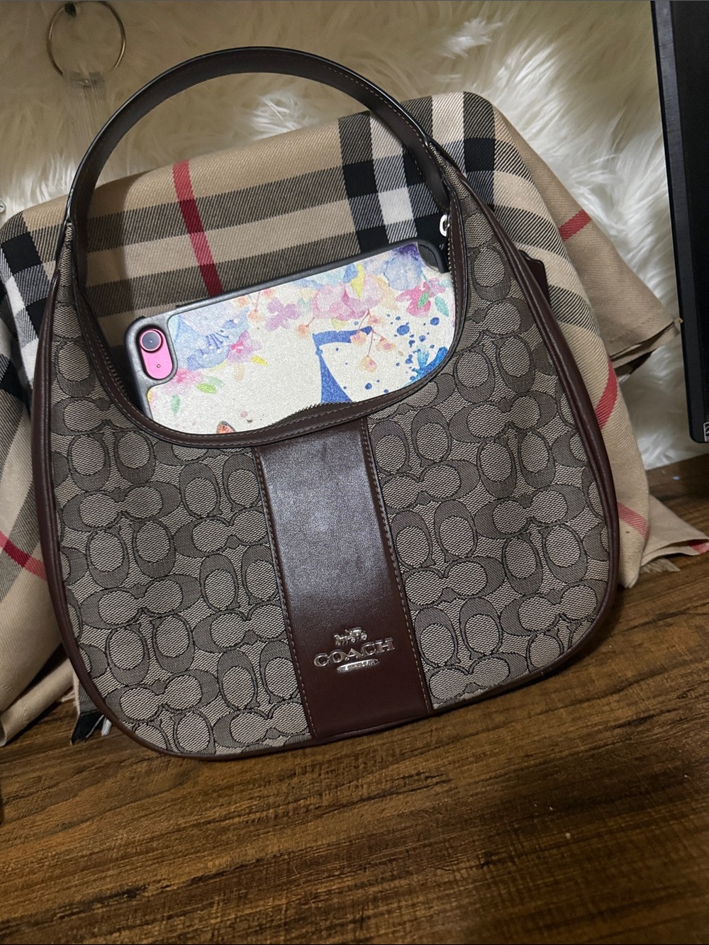 Coach Brown Signature Canvas Shoulder Hobo with Dark Brown Leather Trim